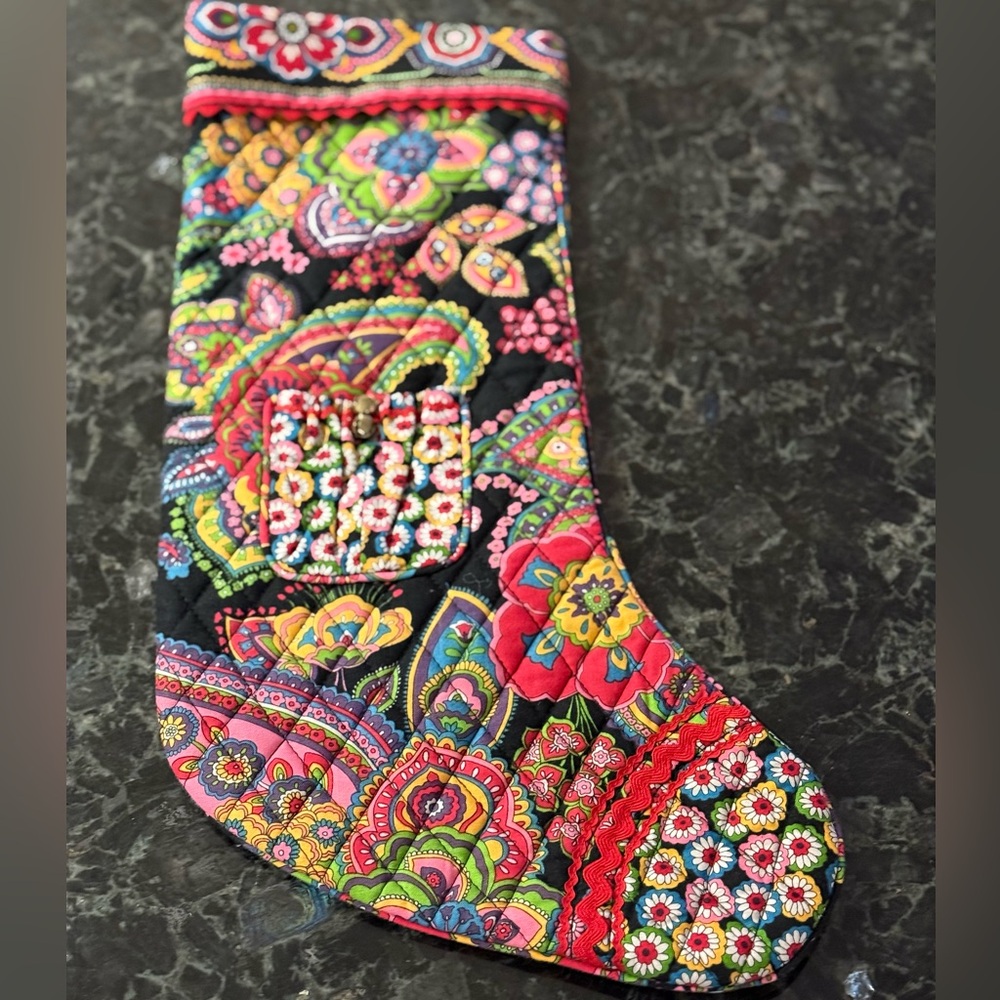 Vera Bradley Christmas stocking cotton quilted with small pocket & jingle bells